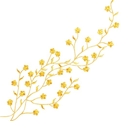 QUMAO - Goldene Pflaumenblüten, 36x19 cm, Rechteckig, Blumig, 1 Stk, Aufbügeln, Bügelbild, Patch