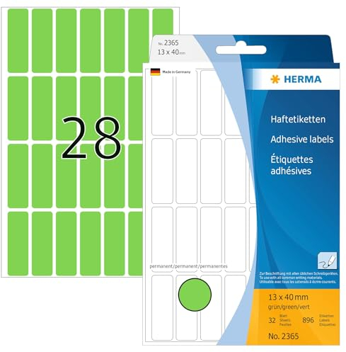 HERMA 2365 Vielzweck-Etiketten, 896 Stück, 13 x 40 mm, 28 pro Bogen, selbstklebend, Haushaltsetiketten zum Beschriften, matt, blanko Papier Klebeetiketten Aufkleber, grün