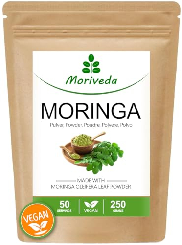 Moringa Pulver 250g - Vegan und glutenfrei - Mikrofeines Oleifera Blattpulver enthält Vitamine, Proteine, Aminosäuren, Mikronährstoffe mit höchster Bioverfügbarkeit - von MoriVeda - 1 x 250g