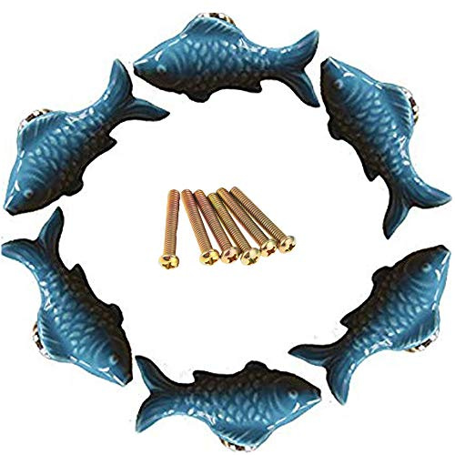 FBSHOP(TM) 6pcs Blau Schön Fisch Form Keramik Türknauf/MöbelKnopf/Möbelgriffe für Küche Schränke, Kleiderschrank, Kommode, Schublade,Schranktür Schlafzimmer und Badezimmer KinderZimmer Dekor etc.