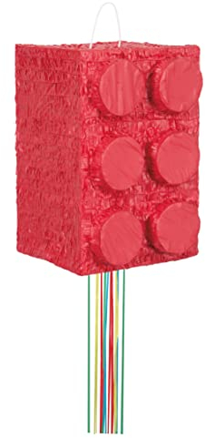 Vibrant Red Building Blocks 3D Pull String Pinata (25cm x 38cm) 1 Piece - Perfect Party Game & Decoration