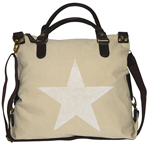 thb Richter Schultertasche Shopper Canvas-Tasche Stern Stars Print Canvas PU-Leder Umhängetasche Handtasche Bag (beige)