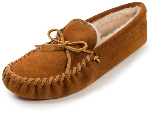 Minnetonka Men's Pile Lined Soft Leather Sole Slipper, Brown, 9 M