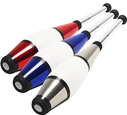 Zeekio - Pegasus Juggling Club Set - Premium Quality - for Beginners, All Levels - Multi-Piece Durable Design - Scuff Resistant - Rubber Knob & Cap - 20.5”L - Set of 3 - Blue, Red & Silver