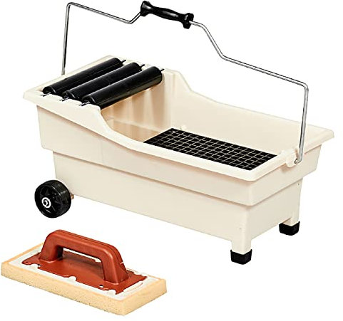 Vaschetta Lavaggio 'Pulirapid' in Plastica Antiurto, Su Due Ruote Più Due Piedi. Tre Rulli Su Perni in Acciaio. Griglia E Frattone.