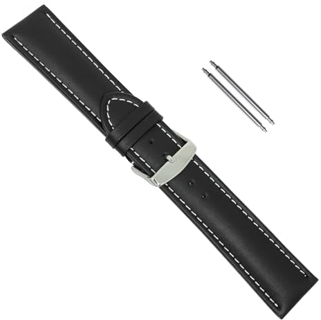 Uhrenarmband Herren 22mm, Ersatzband Chrono, Bandlänge XXL, Kalbsleder Schwarz matt mit Kontrastnaht, Set 1648225s