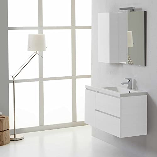 Kiamami Valentina Mobile bagno sospeso 90cm 1 anta, 2 cassetti bianco foresta, lavabo destro, specchio con pensile sinistro | Manhattan