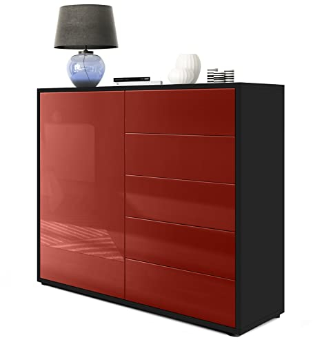 Vladon Sideboard Ben V2, Made in Germany, Kommode mit 1 Tür und 5 Schubladen, Schwarz matt/Bordeaux Hochglanz (79 x 74 x 36 cm)