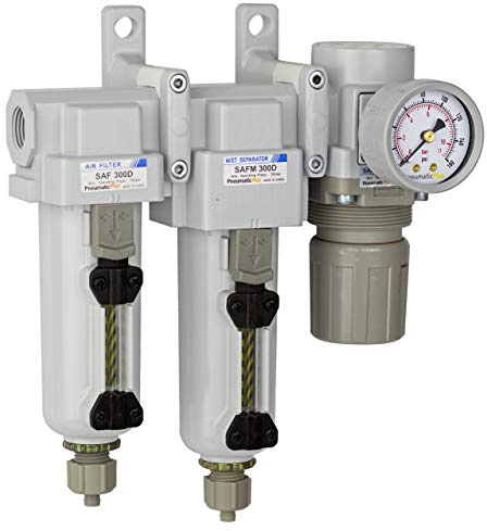 PneumaticPlus SAU330-N03G-MEP Three Stage Air Drying System Particulate Air Filter, Coalescing Filter, Air Pressure Regulator Combo 3/8 NPT - Metal Bowl, Manual Drain, Bracket, Gauge