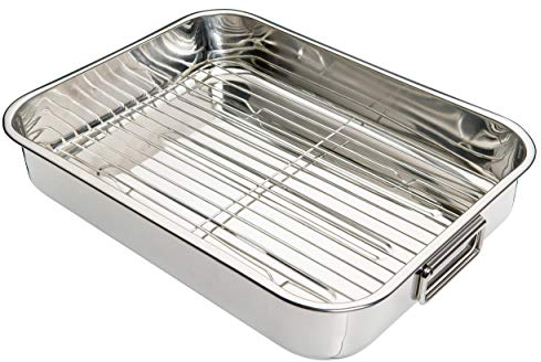 KitchenCraft Lata para asar con rejilla, Lata para asar de acero inoxidable, Grande, 43 x 31 cm, Plateada