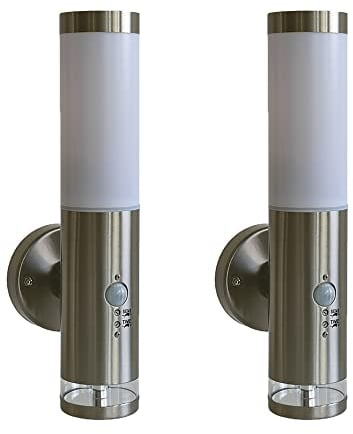 2x LISA Edelstahl-LED-Außen-Wand-Fackel-Leuchte-Lampe, Hauptlicht E27 Max. 40W, Grundlichtring 12 festgebaute LEDs, Bewegungsmelder, Dämmerungssensor, H:37,5 cm, D: 7,6 cm, Kunsstoffglas, IP44