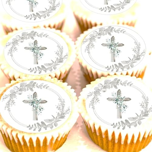 Silver Grey Cross Cupcake Toppers - Christening - Holy Communion - Baptism - 4cm x 24 - Icing or Wafer (Wafer)