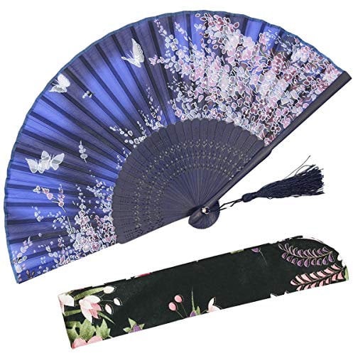 OMyTea Sakura Chinese/Japanese Women Hand Held Silk Folding Fans with Bamboo Frame - With a Fabric Sleeve for Protection (WZS-1)