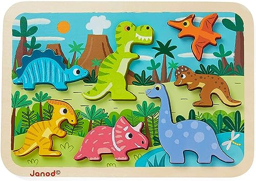Janod Chunky-Puzzle aus Holz, Dinosaurier, 7 Teile, Entwicklung der Feinmotorik und Konzentration, ab 18 Monaten, J07054