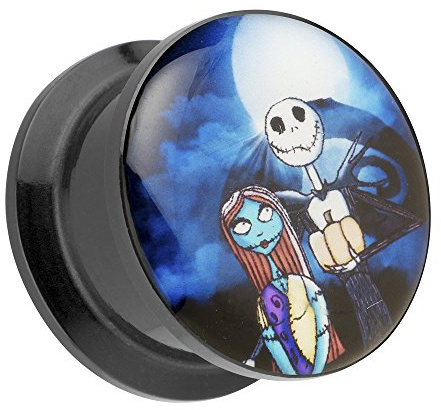 Piercingfaktor Ohr Plug Flesh Tunnel Piercing Ohrpiercing Kunststoff Schraub Schraubverschluß Picture mit Comic Nightmare Jack & Sally Motiv 10mm