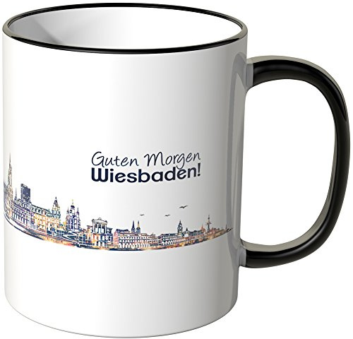 WANDKINGS® Tasse, Schriftzug Guten Morgen Wiesbaden! mit Skyline bei Nacht - SCHWARZ