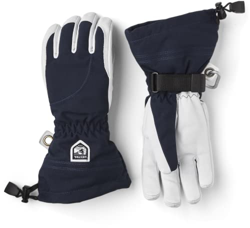 Hestra Heli Ski Damen-Handschuh – klassischer 5-Finger-Leder-Schneehandschuh zum Skifahren, Snowboarden und Bergsteigen (Damenpassform), Marineblau/Offwhite, Größe 9