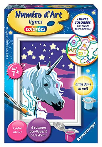 Ravensburger – Numéro d’Art format 8x12cm – Licorne scintillante – Loisir créatif – Kit de peinture par numéros – Avec peinture phosphorescente – Activité détente et créative – Dès 7 ans – 29613 – Version française