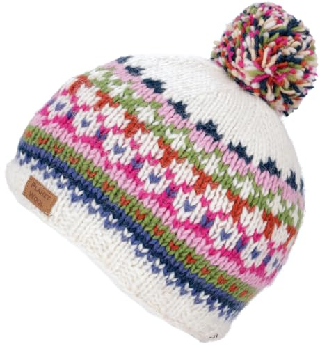 GURU SHOP Bommelmütze aus Nepal, Schurwolle, Wintermütze | Kuschelig, wasserabweisend, Unisex, Fleecefutter, komfortable Passform für Kopfumfang 56-60 cm.