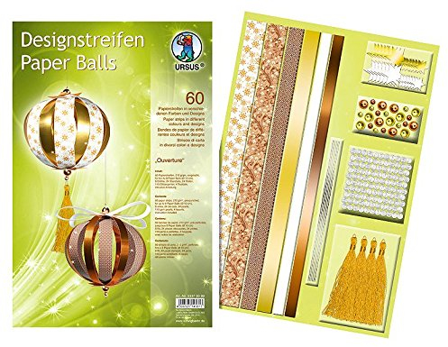 Ursus 23370099 - Designstreifen Paper Balls Ouverture, Material für bis zu 6 Paper Balls, Durchmesser ca. 10 cm, 60 Streifen mit Zubehör, ideal zum Basteln von individuellen Weihnachtskugeln