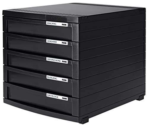HAN Schubladenbox CONTUR mit 5 hohen geschlossenen Schubladen bis Format B4, inkl. Auszugsperre, inkl. Beschriftungsschildern, Gummifüße, modular erweiterbares Schubladensystem, 1505-13, schwarz