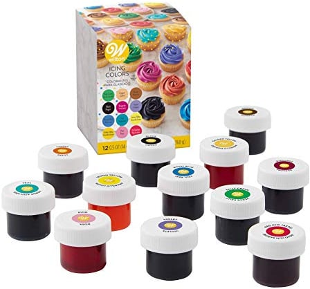 Wilton 601-5580 Icing, 12-Count Gel-Based Food Color, Acrylic Coated Cotton, Kelly Green, Violet, Pink, Lemon Yellow, Royal Blue, Golden Yellow, Wine Red, Turquoise