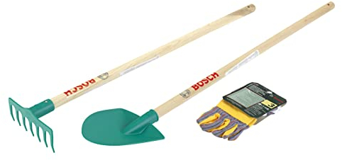 Theo Klein 2712 Bosch Garten 3-teiliges Garten-Set, Schaufel und Rechen mit Aufhänge-Ösen, Hochwertige Arbeitshandschuhe, Anti-UV I Spielzeug für Kinder ab 3 Jahren