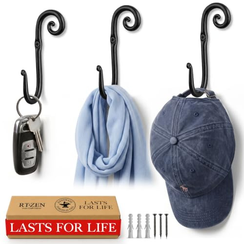 RTZEN Set di ganci per montaggio a parete, ganci decorativi in ferro battuto, ganci appendiabiti in metallo rustico per appendere appendiabiti da parete classici fatti a mano, ganci neri per appendere