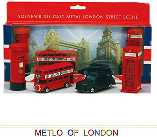 London Souvenir / Collectable Die Cast 8-9cm length Model Set Containing Bus, Taxi, Telephone Box and Post Box by Elgate