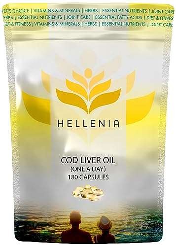 Cod Liver Oil Capsules 500mg - 180 Capsules | UK Made Fish Oil - 6 Month Supply | Providing Omega 3 with Vitamins A and D, for The Normal Function of The Immune System - Made in The UK for Hellenia