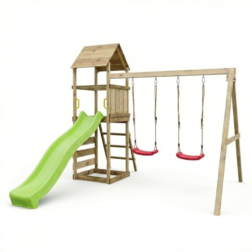 Parco Giochi in Legno Maxplay 2.2 con Scivolo 2,2 m Verde, Doppia Altalena, Torre con Tetto e Parete Arrampicata – Area Gioco da Giardino per Bambini 3-10 Anni, Legno Impregnato Autoclave, 356x293x262