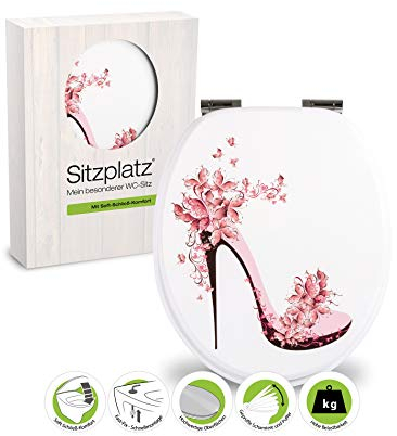 aquaSu® WC-Sitz mit Absenkautomatik, buntes Dekor High Heel, Toilettensitz mit Holz-Kern & Schnellbefestigung, Standard O Form, Metallscharniere, Toilettendeckel rosa Schuh, floral, 40274 3