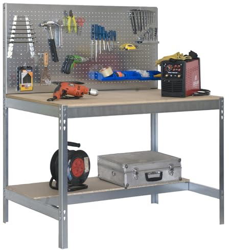 Simon Rack Etabli d’Atelier, Capacité de Charge 400 kg, 1445x910x610 mm, Panneau Perforé, Table de Travail Bricolage, Galvanisé/Bois - BT2