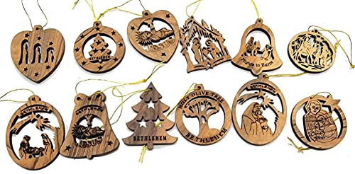 Olivenholz Ornaments – Mix (Set von 12 flache Ornaments) mit Krippe Story Booklet