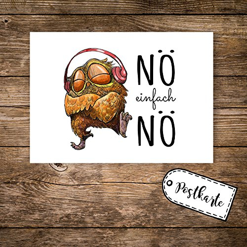 ilka parey wandtattoo-welt® A6 Postkarte Karte Print Eule mit Kopfhörer und Spruch Zitat Nö einfach Nö pk14