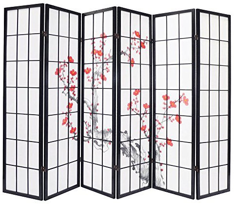 Paravent bois noir avec fleurs de cerisier de 6 pans, L264 x H176 x P2 cm -PEGANE-
