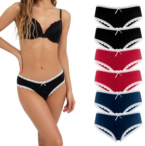 Fabio Farini 6er Pack Damen Hipster 95% Baumwolle Unterhosen Frauen | Höschen Slips Panties Unterwäsche Spitze Hotpants Brazilian