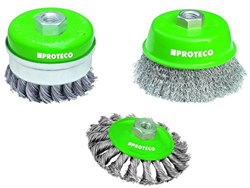 Proteco-Werkzeug® Edelstahldraht-Bürsten Set 3 tlg für Winkelschleifer V2A Inox Topfbürste Kegelbürste Gewinde M14 x 2,0