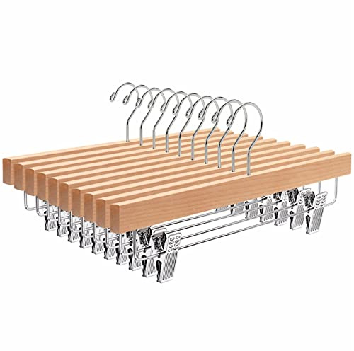 Amber Home 10 Pack Natural Wooden Pants Hangers with Adjustable Clips, 14