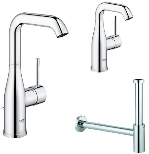 Grohe Essence Einhand-Waschtischbatterie (Zugstange, L-Size) 32628001 + 2x Waschtischarmatur 23463001, glatter Körper, M-Size + Geruchverschluss 28912 ür Waschtische 1 1/4 messing chrom 28912000
