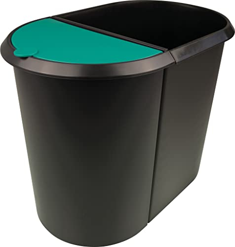 helit H6103994 - Papierkorb „the double“, 20 Liter/9 Liter, oval, umlaufender Griffrand, schwarz / grün, Mülleimer 2 Fächer
