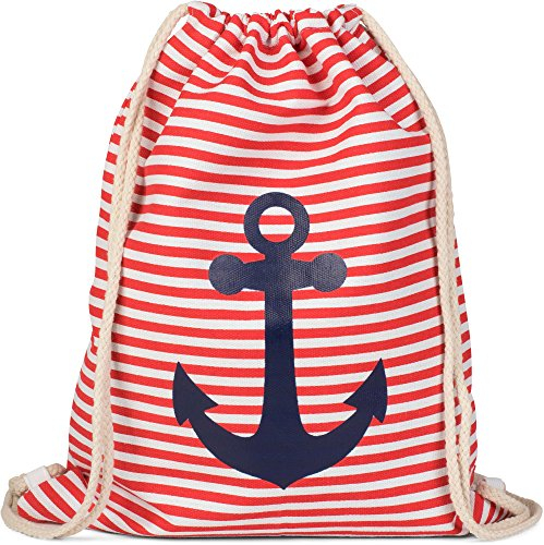 styleBREAKER Turnbeutel Rucksack im maritimen Design mit Streifen und Anker Print, Sportbeutel, Unisex 02012052, Farbe:Rot-Weiß/Marine