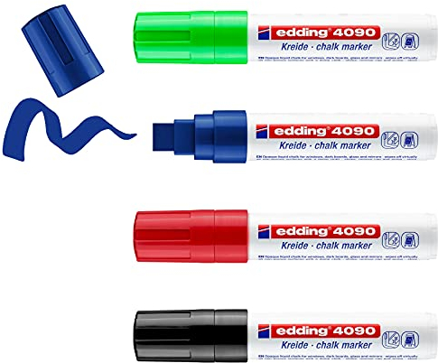 edding 4090 Kreidemarker Set - schwarz, rot, blau, grün (basic)- 4 Kreidestifte - Keilspitze 4-15 mm - Kreidestift für Tafel abwischbar - für Fenster, Glas, Spiegel - Tafelstift mit deckenden Farben