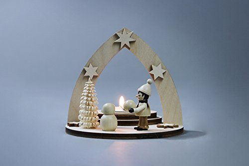 Teelichthalter Winterkind Schneemann bauend Länge ca 12 cm NEU Schnee Winter Motivleuchte Lichtbogen Schwibbogen Holz Erzgebirge Seiffen Beleuchtung Weihnachten Geschenke Weihnachtsmann Ruprecht