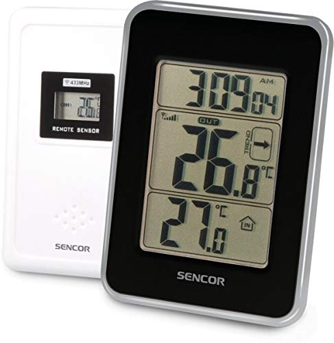 SENCOR SWS 25 BS Thermometer mit kabellosem Temperatursensor, Zeitanzeige, 12/24-Stunden-Modus, Innentemperaturbereich: -9 °C bis + 50 °C, Außentemperaturbereich: -30 °C bis + 55 °C, Minimale und maximale Temperaturaufzeichnung , schwarz