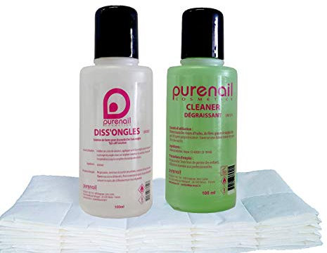 KIT SOLVANT MINI POCKET avec 1 Cleaner Dégraissant 100 ml + 1 Diss'Ongle 100 ml + 100 carrés de cellulose pour Gel UV et Faux Ongles, Livraison Gratuite en France