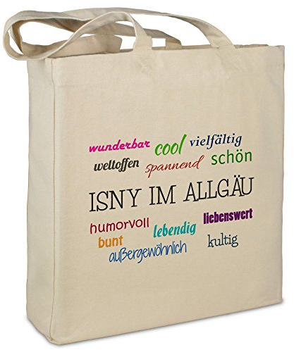 Stofftasche mit Stadt/Ort Isny im Allgäu - Motiv Positive Eigenschaften - Farbe beige - Stoffbeutel, Jutebeutel, Einkaufstasche, Beutel