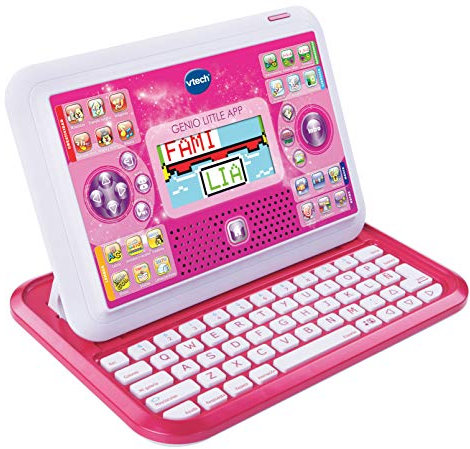 VTech - Portátil y Tablet 2 en 1 Genio Little App, Ordenador Infantil Educativo para niños +4 años, 80 Actividades Que enseñan Letras, inglés, matemáticas, Ciencias, Color Rosa, Versión ESP