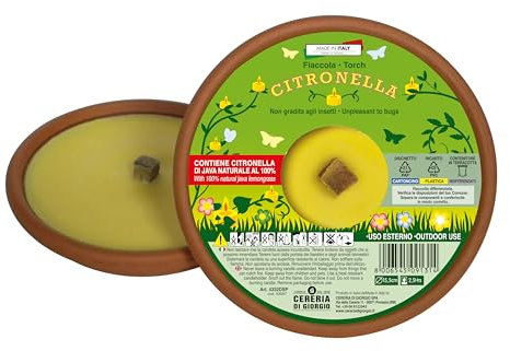 Fiaccola in coccio alla Citronella di Java 100% Naturale – Anti Zanzare e Insetti – Diametro 15,5 cm – Durata 2,5 Ore – Cereria Di Giorgio