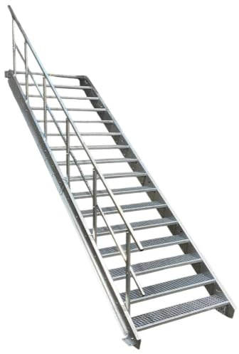 16 Stufen Stahltreppe mit einseitigem Geländer/Breite 80cm Geschosshöhe 274-340cm / Robuste Außentreppe/Wangentreppe/Stabile Industrietreppe für den Außenbereich/Inklusive Zubehör
